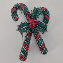 Candy Cane Holiday Rhinestone Brooch Holy Red Green Stripes - $11.30