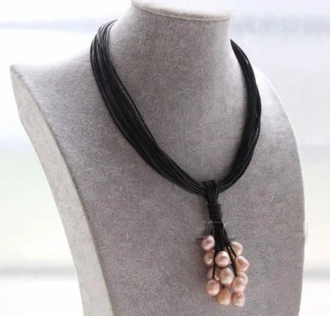 Elegant Handmade Real Pearl Jewelry 15 Strands Black Leather Pink Purple Pearls - £53.72 GBP