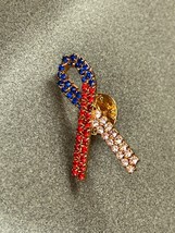 Vintage Red White &amp; Blue Rhinestone Patriotic Ribbon for Cause Goldtone Lapel Ha - £8.99 GBP