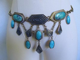 Chico&#39;s Faux Turquoise  Antique Brass Metal Chain Belt w Pendants Southwestern - £22.39 GBP