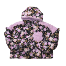 NWT For Love &amp; Lemons Puffer Jacket in Black Pink Floral Ruffle Trim Sherpa S - £116.10 GBP