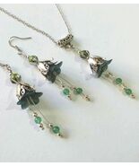 Green Jade Victorian Silver flower jewelry set green flower set necklace... - $52.00
