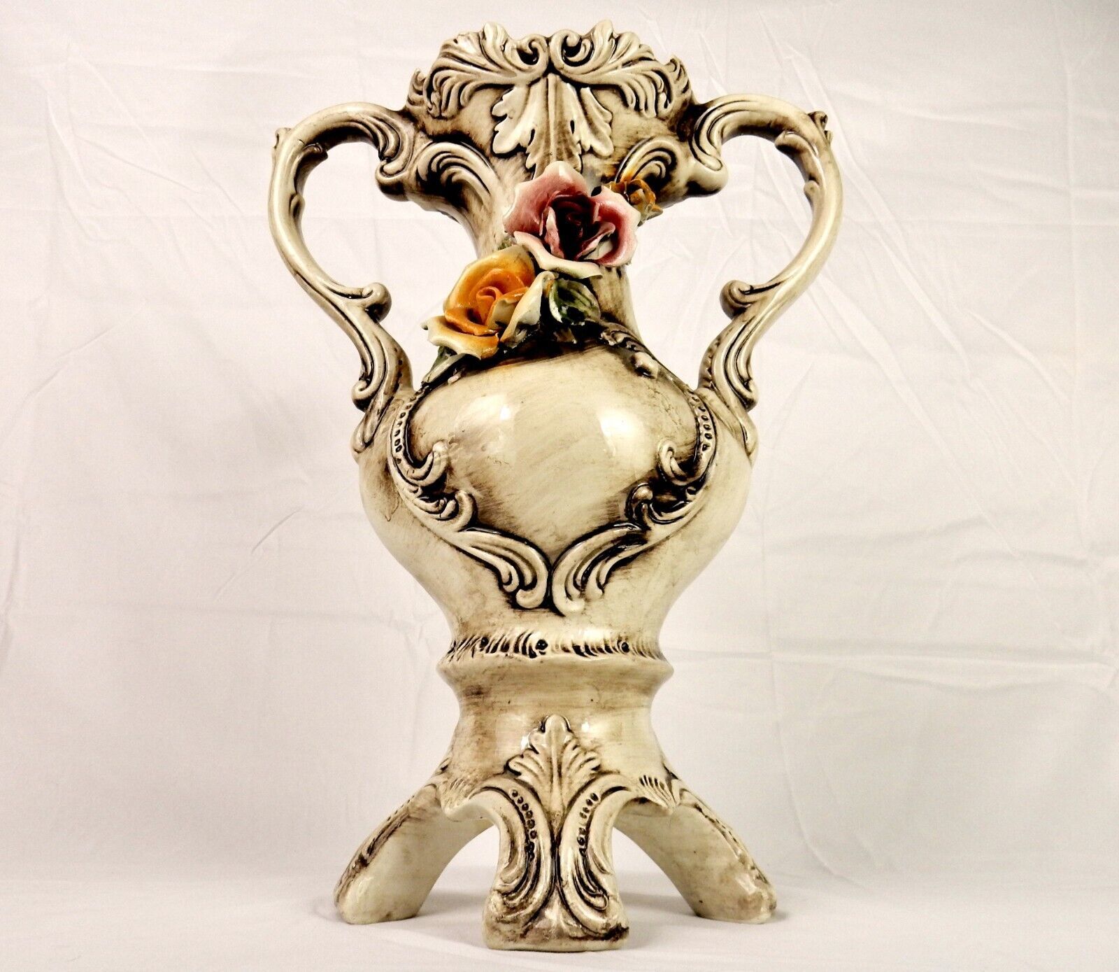 Primary image for Tipo Capodimonte 17" Footed Porcelain Urn, 3D Roses, Scrolls & Leaves, Vintage