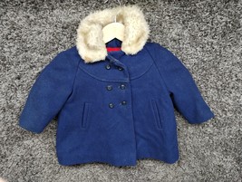 Vintage Sears Jacket Little Girls 2T Navy Blue Flannel Lined Hooded Faux... - $18.47