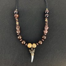 Sharks Tooth Wood Bead Leather Necklace Antique Bronze Tone 30&quot; Mens - £31.63 GBP