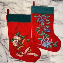 2 Vintage Hand Embroidered Christmas Stockings Set Pink Blue Bows Bells Ornament - $49.98