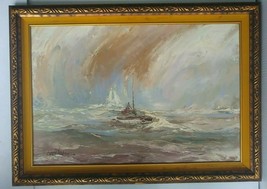 Oil on Canvas Painting by Julio Carballosa Small Boat Storm at Sea Framed 43x31 - £380.21 GBP