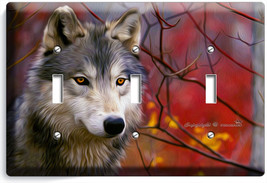 Gray Wolf Woods In Autumn Forest Triple Light Switch Wall Plate Cover Home Decor - £15.94 GBP