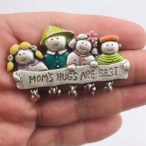 Mom&#39;s Hugs Are The Best Pewter Brooch Pin 2.25&quot; x 1.25&quot; 4 Kids Red Rhine... - $9.49