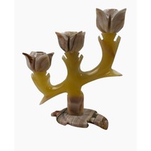 Vintage Onyx Stone Carved Flower Leaf Candelabra 3 Arm Stick Candle Holder - £39.90 GBP