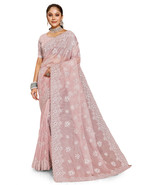 Designer Peach Glitter Coding Embroidery Work Sari Organza Party Wear Saree - £82.53 GBP