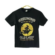 Halloween T Shirt Old Lady Witch Humor Adult Unisex Small Black and Yellow - £11.20 GBP