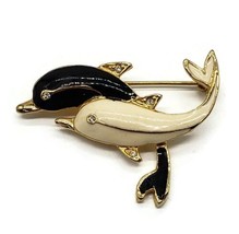 Vintage Black &amp; White Swimming Dolphins Lapel Pin Enamel Brooch 1 3/4&quot; - £22.30 GBP