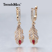 585 Rose Gold Long Dangle Earrings Women Elegant Feather Flower Red Stone Cubic  - £14.23 GBP