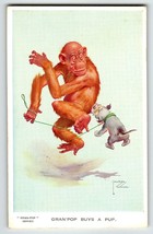 Monkey Chimp Buys Puppy Dog Postcard Larson Wood Signed Fantasy Anthropomorphic - £18.97 GBP