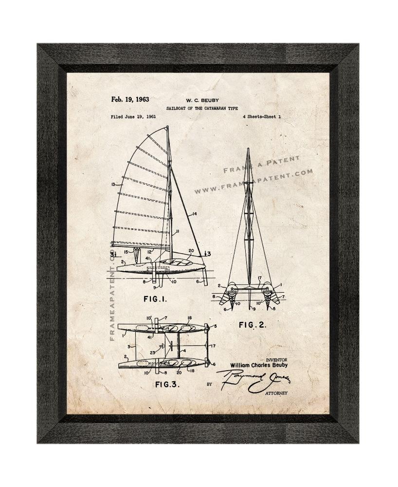 Sailboat Of The Catamaran Type Patent Print Old Look with Beveled Wood Frame - £20.00 GBP - £88.17 GBP