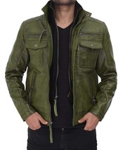 Handmade Men&#39;s Green Distressed Leather Jacket - Free Shipping - £124.74 GBP