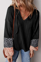 Black Floral Patchwork Textured Knit Drawstring V Neck Blouse - £13.49 GBP