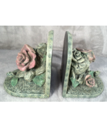 Vintage Tea Roses Shabby Style Chic Bookends Resin Painted Felt Bottom Green - $21.73