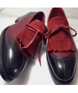 New Handmade Men New Burgundy Black Fringes Split Toe Shoe - $159.00