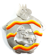 TC Tanya Creations Cat Brooch Mice Orange Yellow Enamel Silver Tone Anim... - $273.78 MXN
