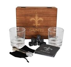 New Orleans Saints Drinkware Set Glasses Wood Box Coasters Cooling Cubes... - €71,12 EUR