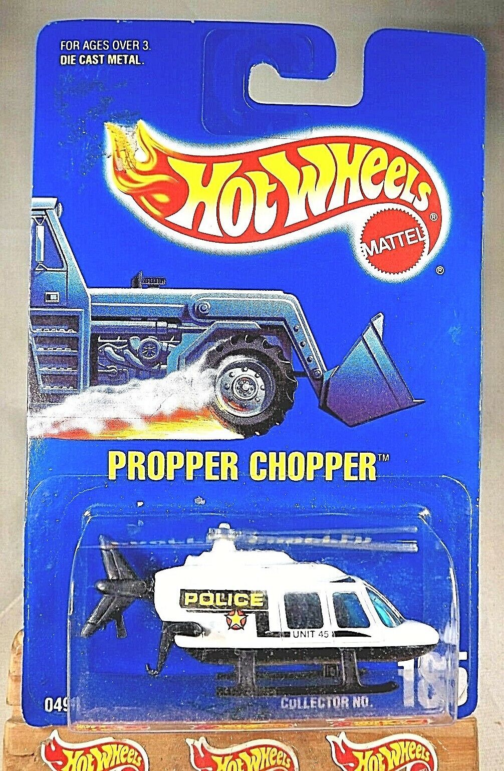 1991 Hot Wheels Blue Card #185 PROPPER CHOPPER White Black-Base w/Gray Rotor