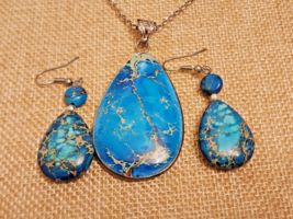 Blue Copper Turquoise Cabochon Pendant &amp; Earring Set 925 Sterling Silver Jewelry - £100.67 GBP
