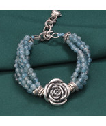 Sterling Silver Rose Flower With Round Aquamarine Beaded Bracelet,Gift F... - £60.44 GBP
