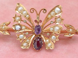 Antique Victorian Pearl Amethyst Garnet Ruby 18K Butterfly Brooch Pin c1900 - £580.05 GBP