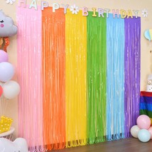 Pastel Rainbow Foil Fringe Curtains 2 Pack Pastel Rainbow Party Decorations 3.3x - £19.82 GBP
