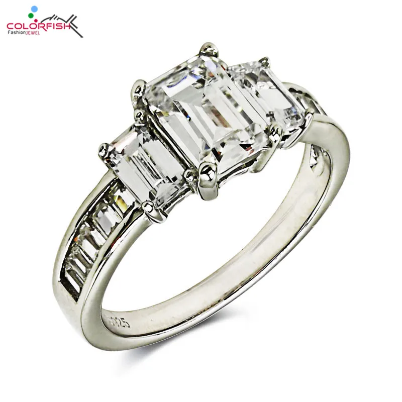 COLORFISH  Emerald Cut Three Stone Engagement Ring 925  Silver 3-Stone Rings wit - $64.53