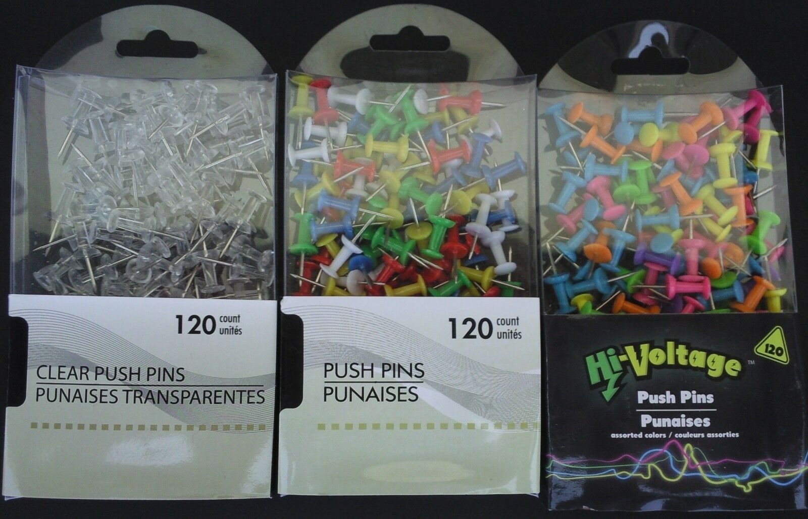 PUSH PINS for Display Boards, SELECT COLOR: CLEAR PRIMARY OR NEON 120 Pins/Pack - $2.99