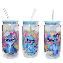 Disney Stitch Cartoon Holographic Glass Tumbler Cup 20 oz UV DTF Blue Design - £17.38 GBP