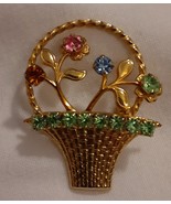  Flower Basket Brooch-Green Rhinestone Goldtone Spring Holiday Vintage - $9.54 CAD