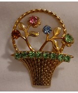  Flower Basket Brooch-Green Rhinestone Goldtone Spring Holiday Vintage - £7.82 GBP