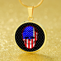 Us Flag Patriotic Skull Necklace Stainless Steel or 18k Gold 18-22&quot; Circle Pend - £33.73 GBP+