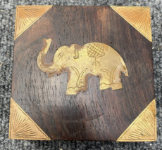 Wooden Tea Trinket  Box  Brass Inlay Elephant Handcrafted Wood 4&quot; Square - $19.79