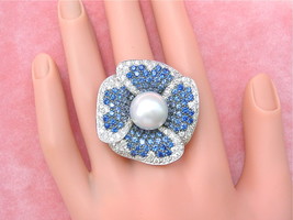 2.4ctw Diamond 4.5ctw Sapphire 13.5mm South Sea Pearl Jumbo Flower Cocktail Ring - £3,975.21 GBP