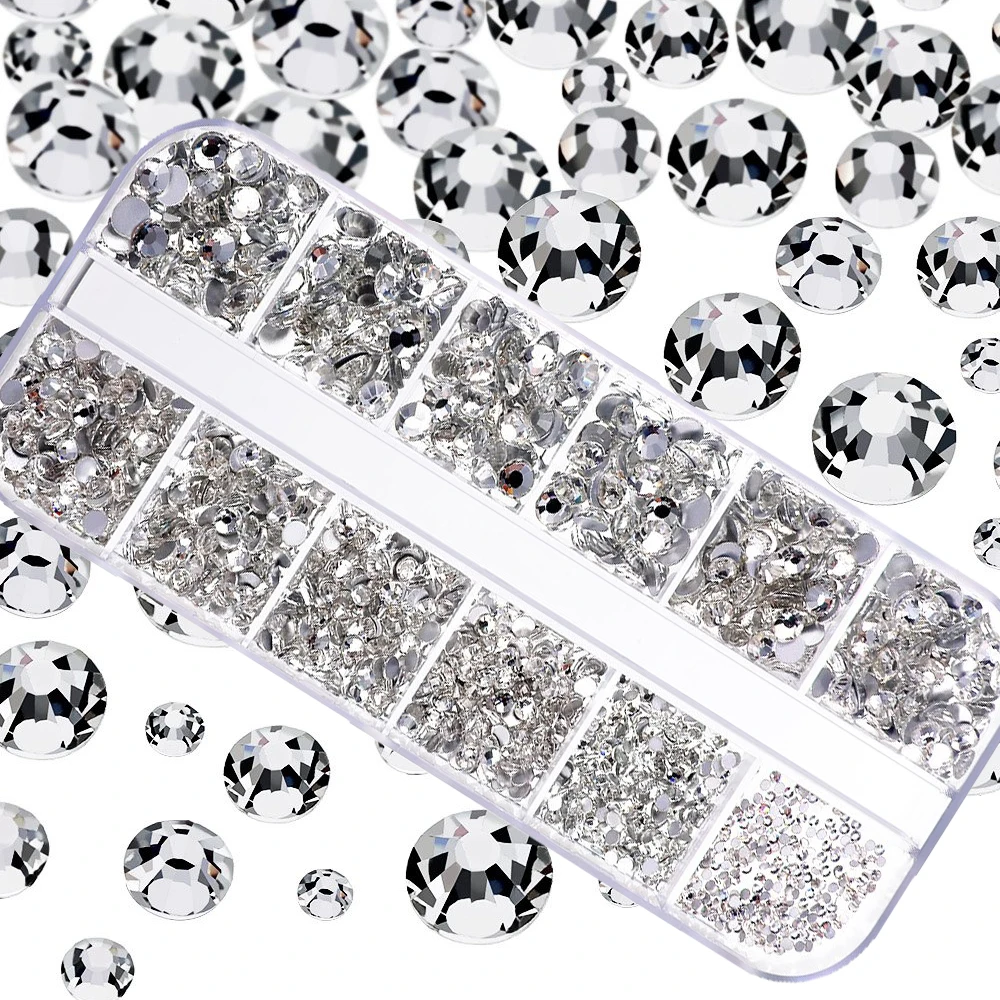 2400Pcs/box Clear/AB Nail Art Rhinestones Kit 12Grids Flat-Back Crystal Gems Set - £8.47 GBP+