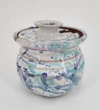 Studio Art Pottery Sugar, Honey Pot Jar Signed Blue Teal White Cottage Signed - $18.69
