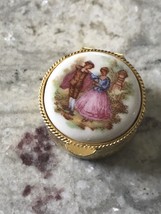 Vintage Round Pill Box, 1” Lady In A Pink Dress And Man In A brown Cape - $14.95