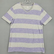 Old Navy Men Shirt Size L Gray Preppy Purple Stripe Classic V-Neck Short... - £10.07 GBP