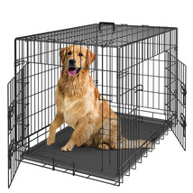 42&quot; Dog Crate Folding Metal Pet Cage Kennel Double Doors With Tray Pan B... - £82.37 GBP