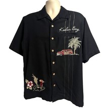 Mens Black Vintage Hawaiian Aloha Embroidered Button Camp Shirt Medium Pocket - £30.95 GBP