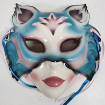 Vintage 1990s Cat Woman Teal Pink Mask ART Ceramic 8x8 Inch Clayart - $44.88