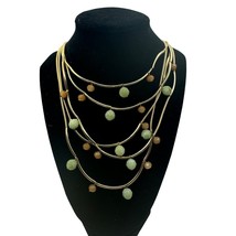 Multi-Strand Gold Necklace With Green &amp; Brown Beads Adjustable Length - £15.26 GBP