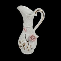 Vintage Mini Pitcher 3D Floral Design Porcelain Gold Trim White Bud Vase... - $19.59