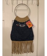 Y2K Mudd Denim Fringe Purse NWT Embroidered Boho Jean Bag Metal Hoop Han... - $62.13 CAD