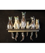 Gold Tone AJC Pin Brooch 6 Cats on a Shelf with Dangle Tails Green Eyes ... - £10.22 GBP